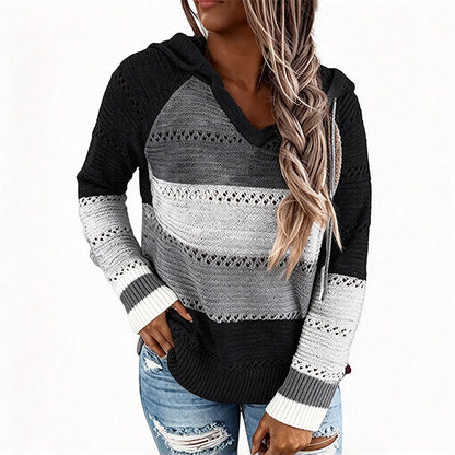Women's Color Block Hollow-Out Knit Hoodie