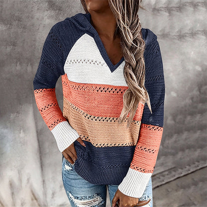 Women's Color Block Hollow-Out Knit Hoodie