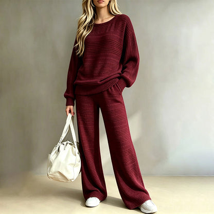 Women's Autumn Winter Ribbed Knit Two Piece Set Casual Long Sleeve Top and Wide Leg Pants