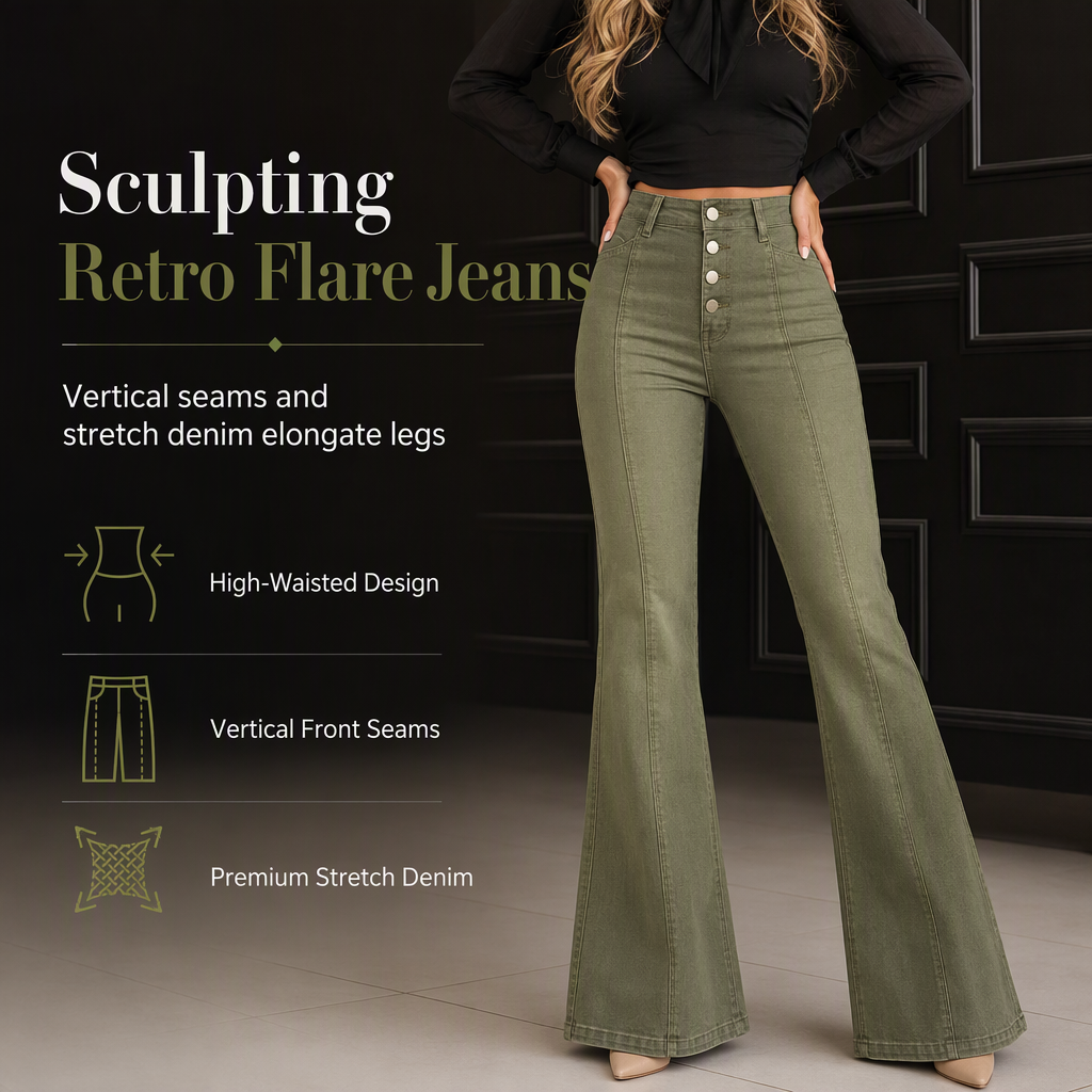 Women's Olive Green High-Waisted Multi-Button Flare Jeans with Vertical Front Seams