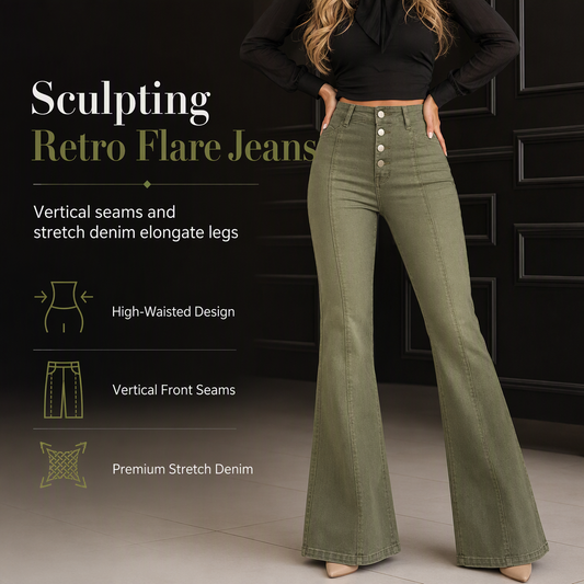 Women's Olive Green High-Waisted Multi-Button Flare Jeans with Vertical Front Seams