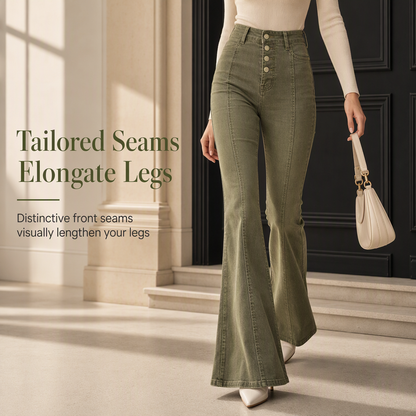 Women's Olive Green High-Waisted Multi-Button Flare Jeans with Vertical Front Seams