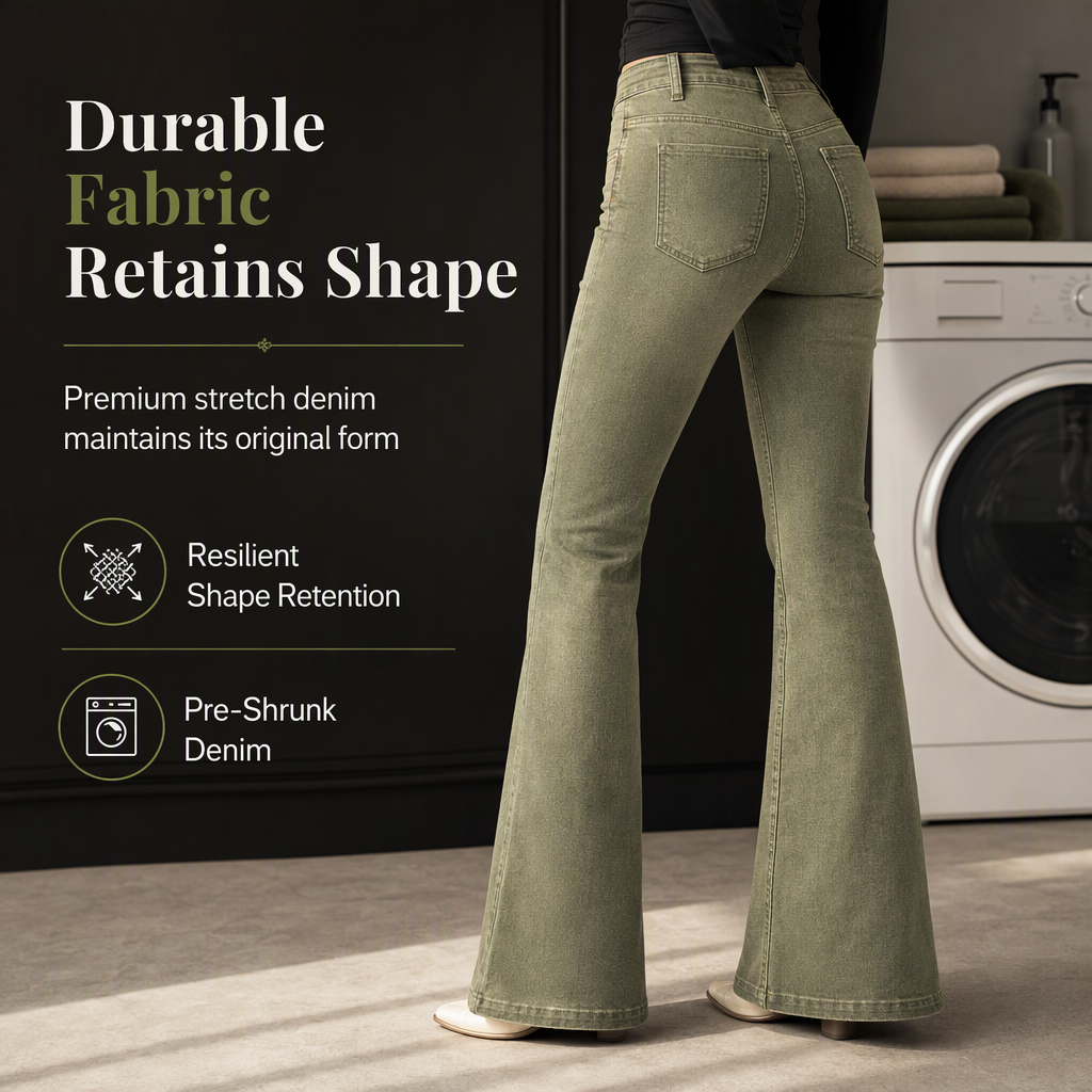 Women's Olive Green High-Waisted Multi-Button Flare Jeans with Vertical Front Seams