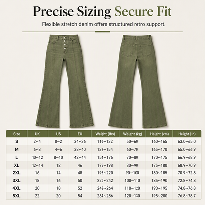 Women's Olive Green High-Waisted Multi-Button Flare Jeans with Vertical Front Seams