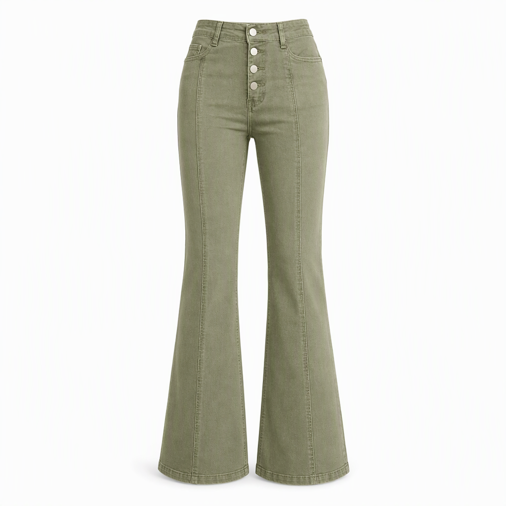 Women's Olive Green High-Waisted Multi-Button Flare Jeans with Vertical Front Seams