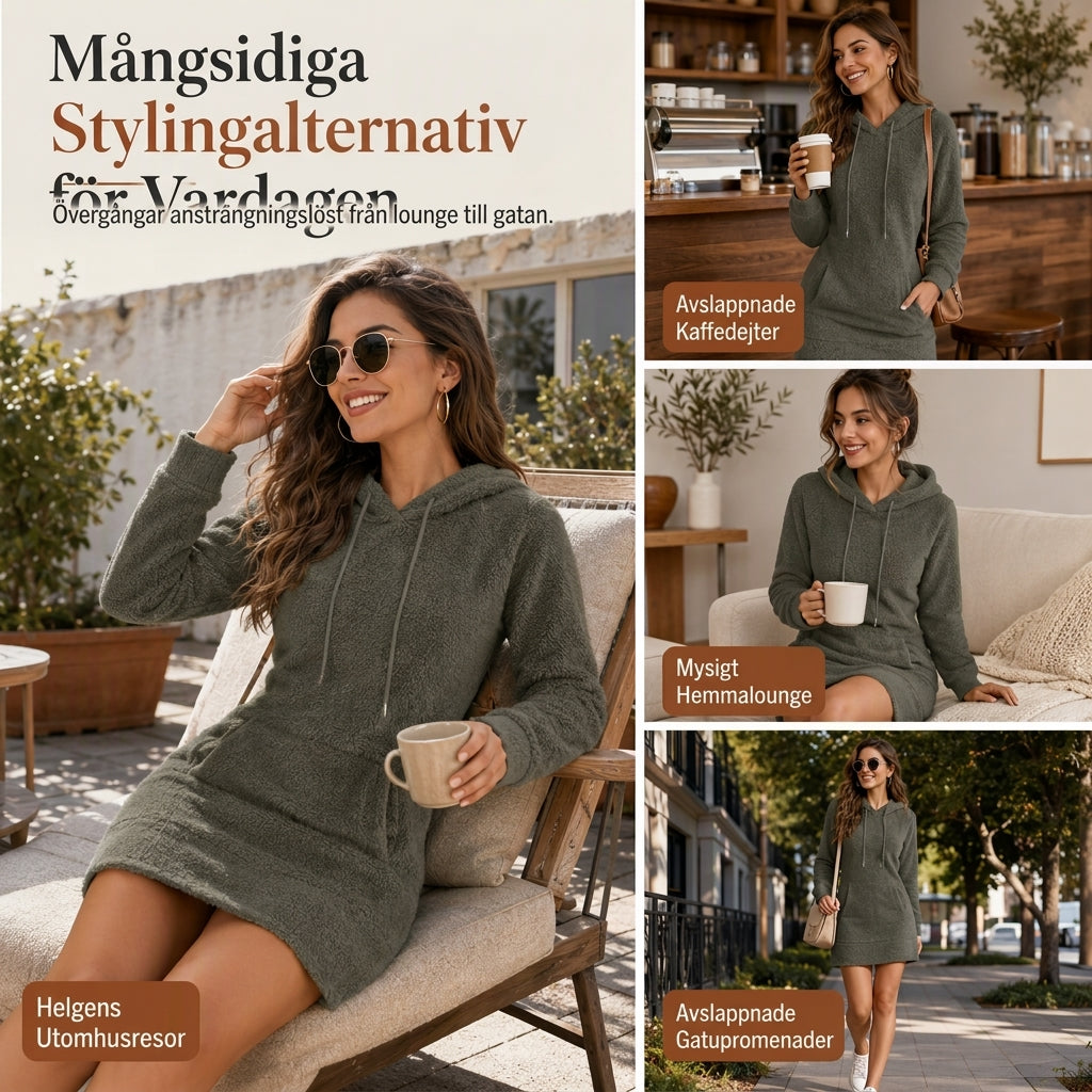 🧥 Cozy women's fleece dress with a hood – ultra-soft and warm, featuring a drawstring and pockets; perfect for cold days✨