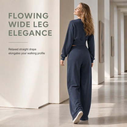 Casual Sporty Autumn Winter Long Sleeve T-Shirt and Loose Cross Waist Wide Leg Pants Two Piece Set