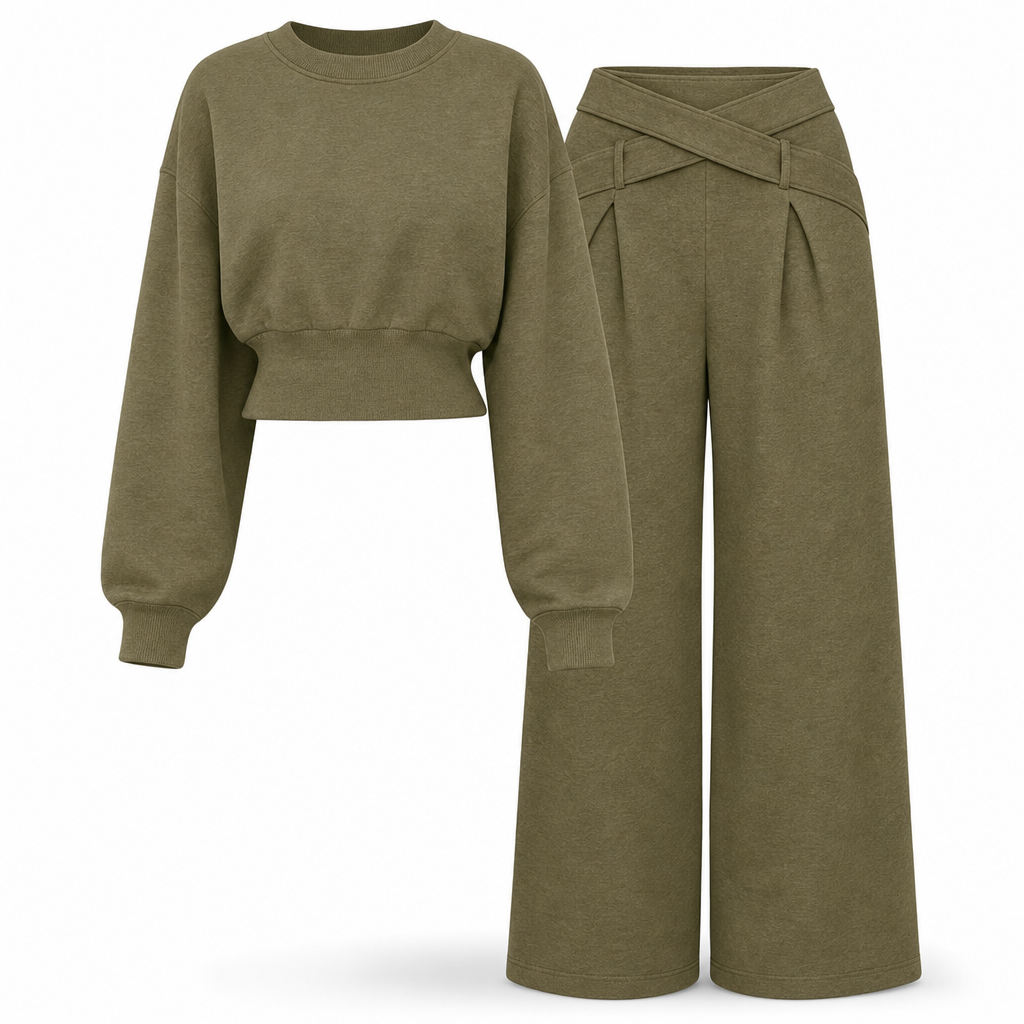 Casual Sporty Autumn Winter Long Sleeve T-Shirt and Loose Cross Waist Wide Leg Pants Two Piece Set
