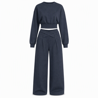 Casual Sporty Autumn Winter Long Sleeve T-Shirt and Loose Cross Waist Wide Leg Pants Two Piece Set