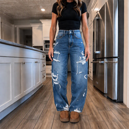 Women's Chic Distressed Denim Wide-Leg Pants