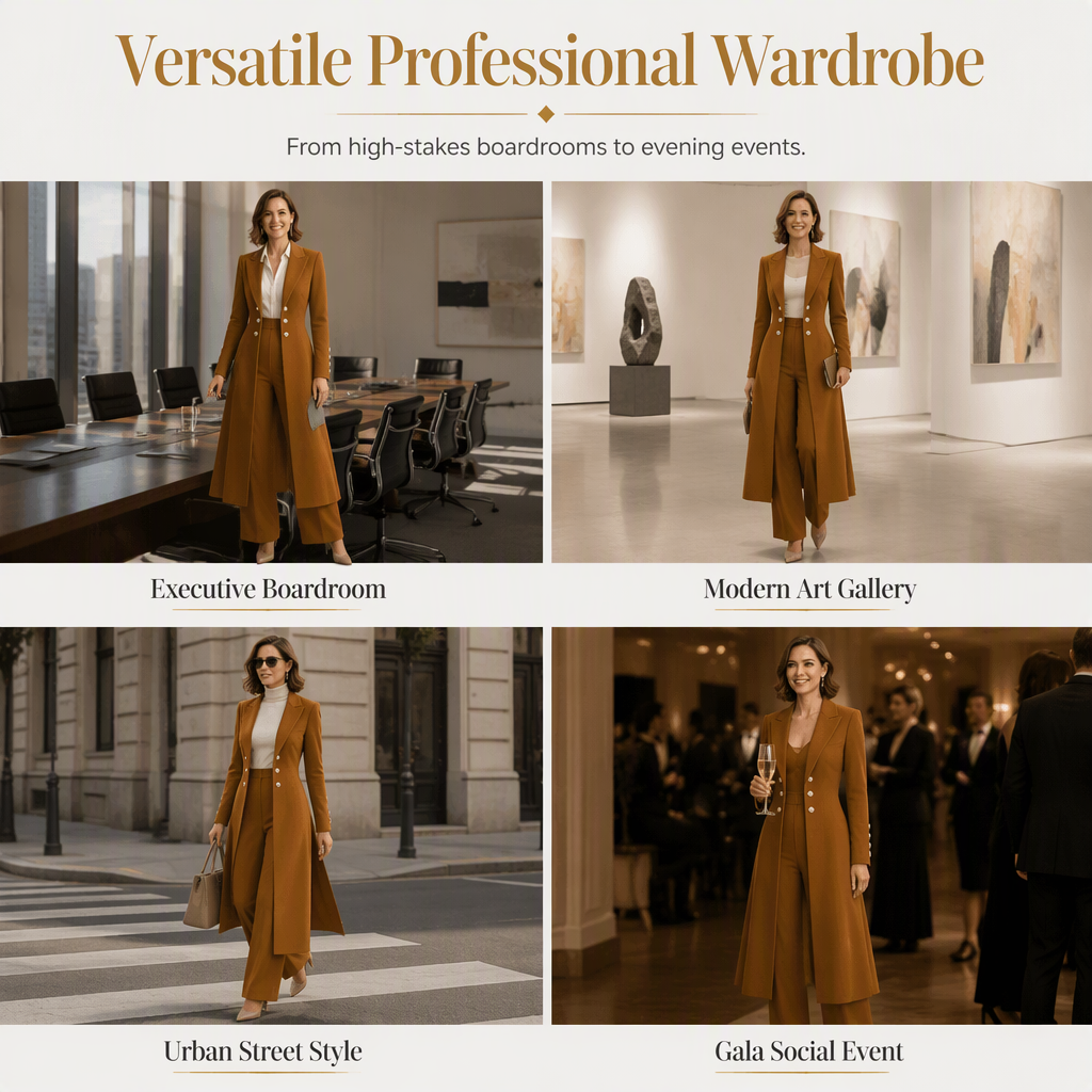 Women's Elegant Autumn 2 Piece Outfit Set with Retro Long Sleeve Coat and Simple Trousers