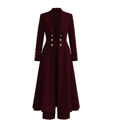 Women's Elegant Autumn 2 Piece Outfit Set with Retro Long Sleeve Coat and Simple Trousers