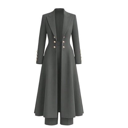 Women's Elegant Autumn 2 Piece Outfit Set with Retro Long Sleeve Coat and Simple Trousers