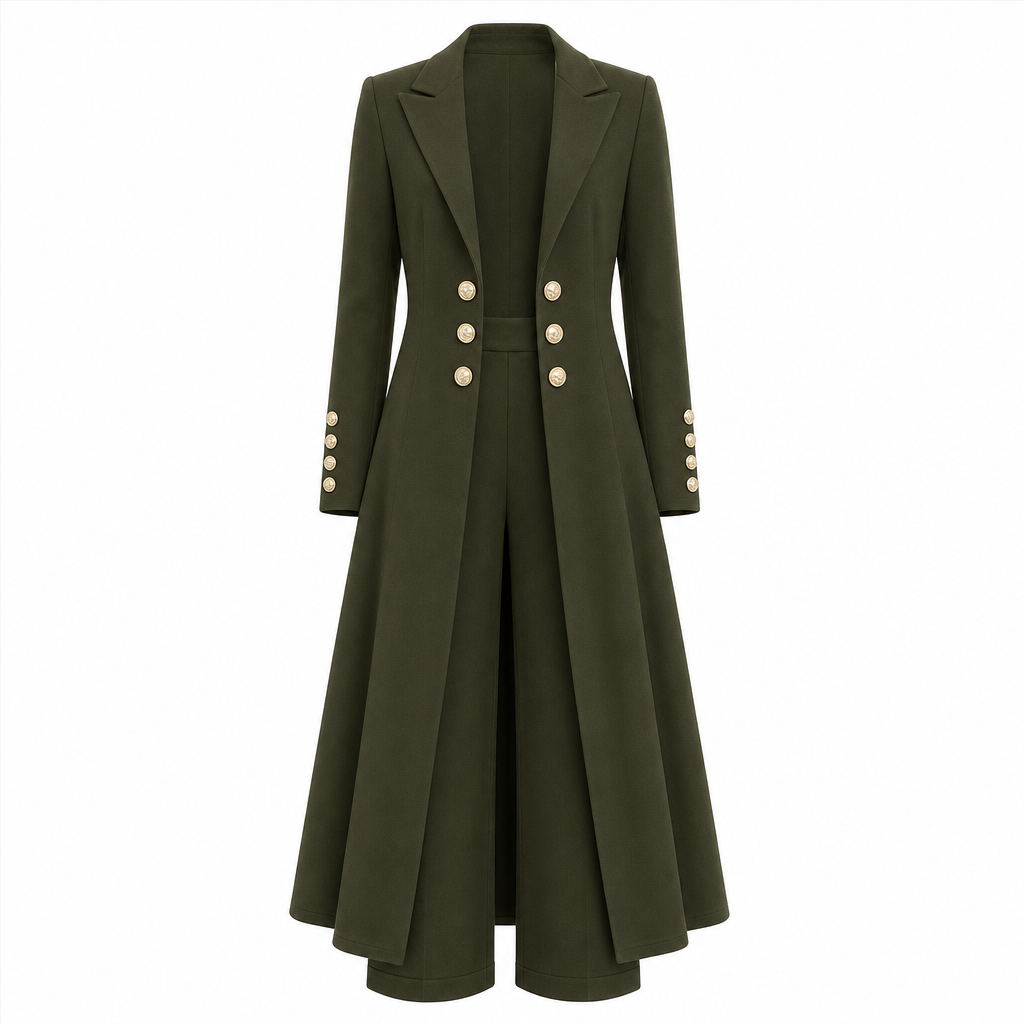 Women's Elegant Autumn 2 Piece Outfit Set with Retro Long Sleeve Coat and Simple Trousers