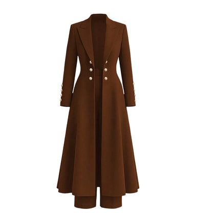 Women's Elegant Autumn 2 Piece Outfit Set with Retro Long Sleeve Coat and Simple Trousers