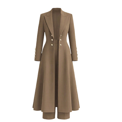 Women's Elegant Autumn 2 Piece Outfit Set with Retro Long Sleeve Coat and Simple Trousers