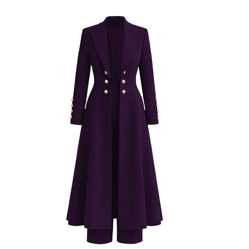 Women's Elegant Autumn 2 Piece Outfit Set with Retro Long Sleeve Coat and Simple Trousers