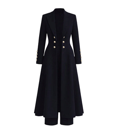 Women's Elegant Autumn 2 Piece Outfit Set with Retro Long Sleeve Coat and Simple Trousers