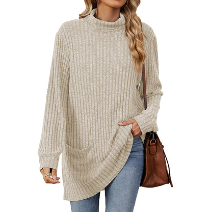 Women’s Loose-Fit Mock Neck Long-Sleeve T-Shirt