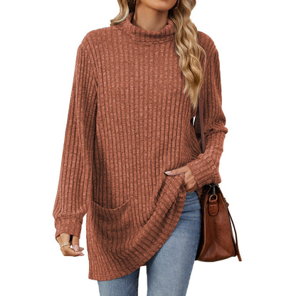 Women’s Loose-Fit Mock Neck Long-Sleeve T-Shirt