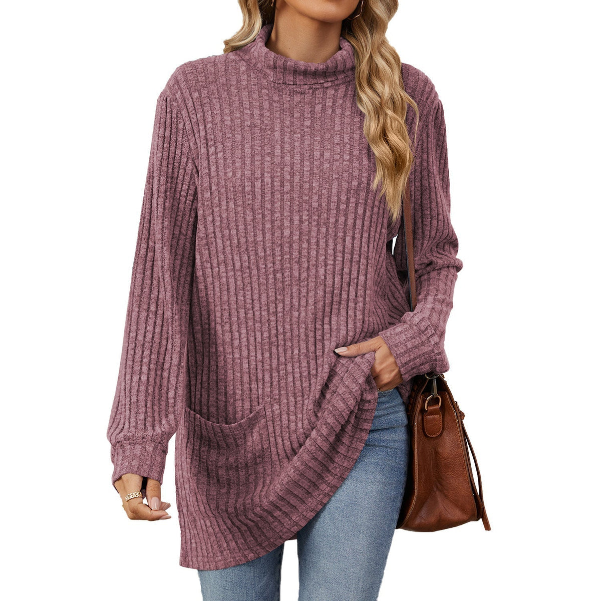 Women’s Loose-Fit Mock Neck Long-Sleeve T-Shirt