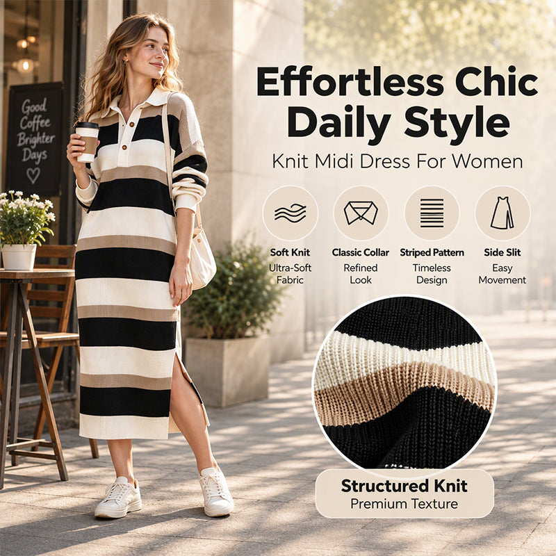 💖Women's Striped Collared Knit Sweater Dress