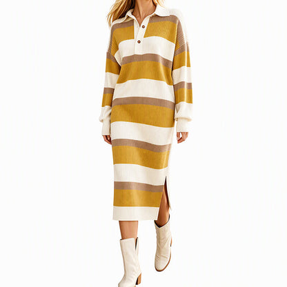 💖Women's Striped Collared Knit Sweater Dress