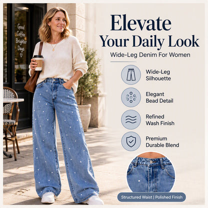 Women's Pearl Embellished Wide-Leg Jeans