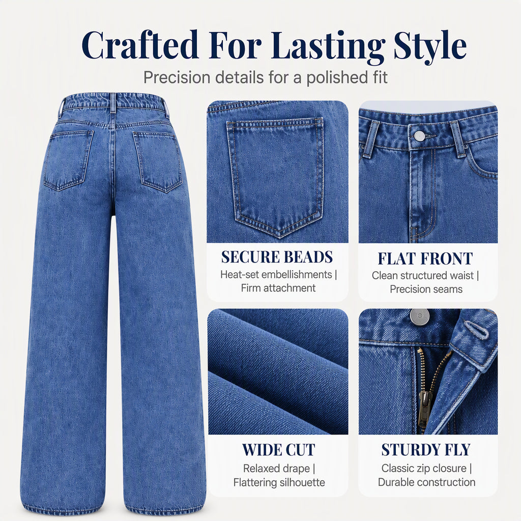 Women's Pearl Embellished Wide-Leg Jeans