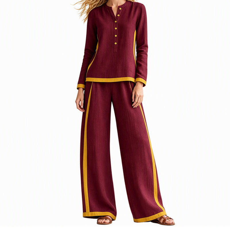 👖 Women's Colorblock Long Sleeve Top & Wide-Leg Pants Set