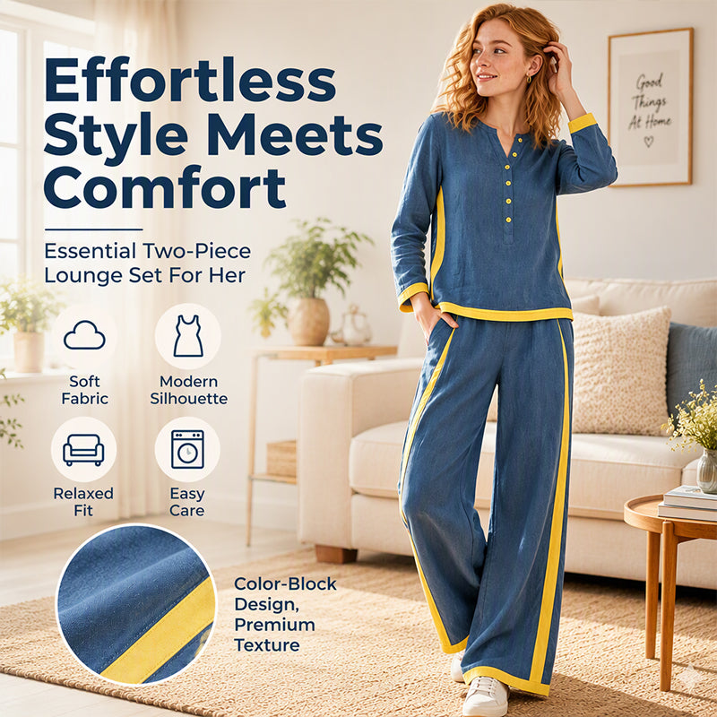 👖 Women's Colorblock Long Sleeve Top & Wide-Leg Pants Set