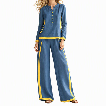 👖 Women's Colorblock Long Sleeve Top & Wide-Leg Pants Set