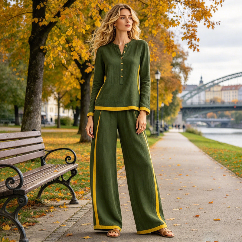 👖 Women's Colorblock Long Sleeve Top & Wide-Leg Pants Set