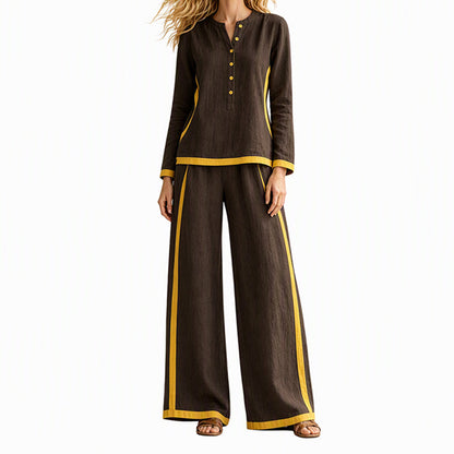 👖 Women's Colorblock Long Sleeve Top & Wide-Leg Pants Set