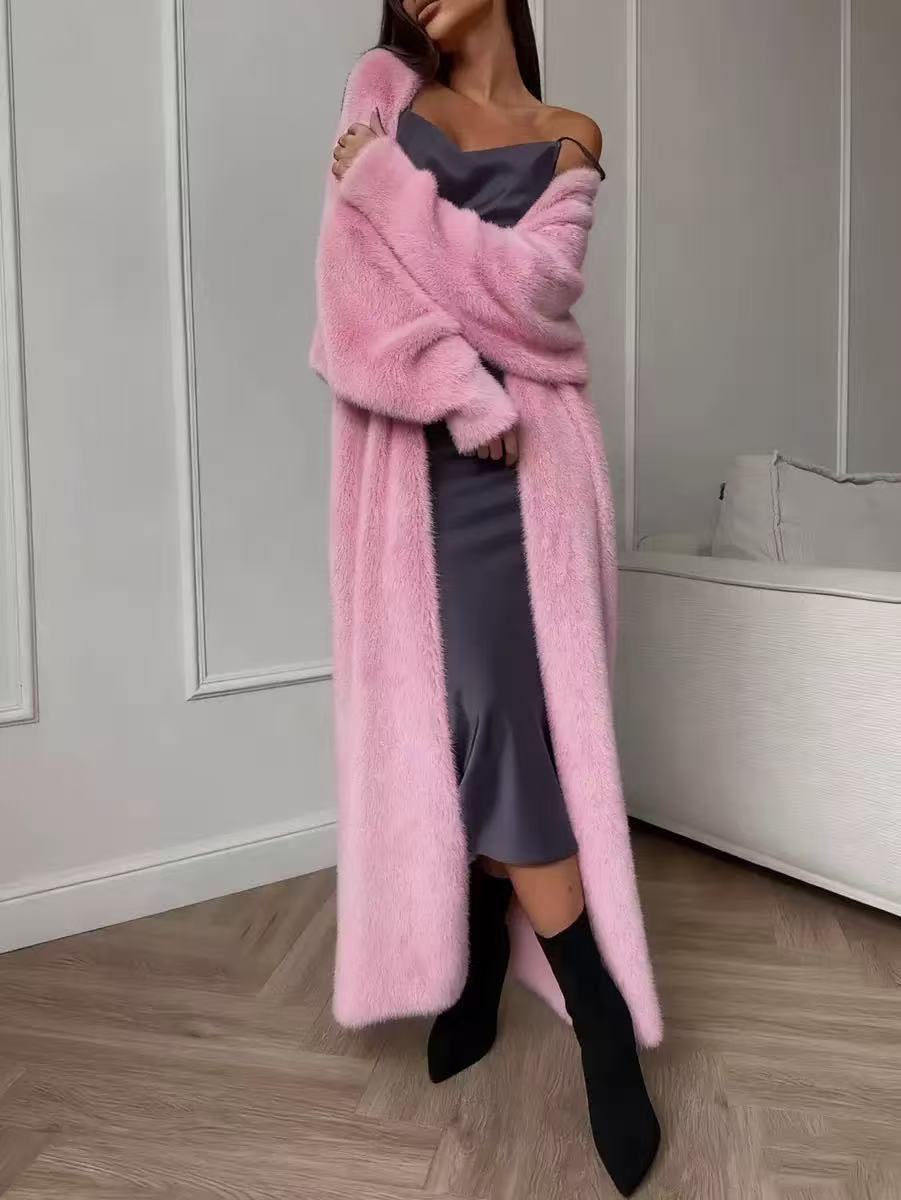 Women's Faux Mink Fleece Long Cardigan Sweater Fluffy Oversized Knit Coat for Autumn and Winter