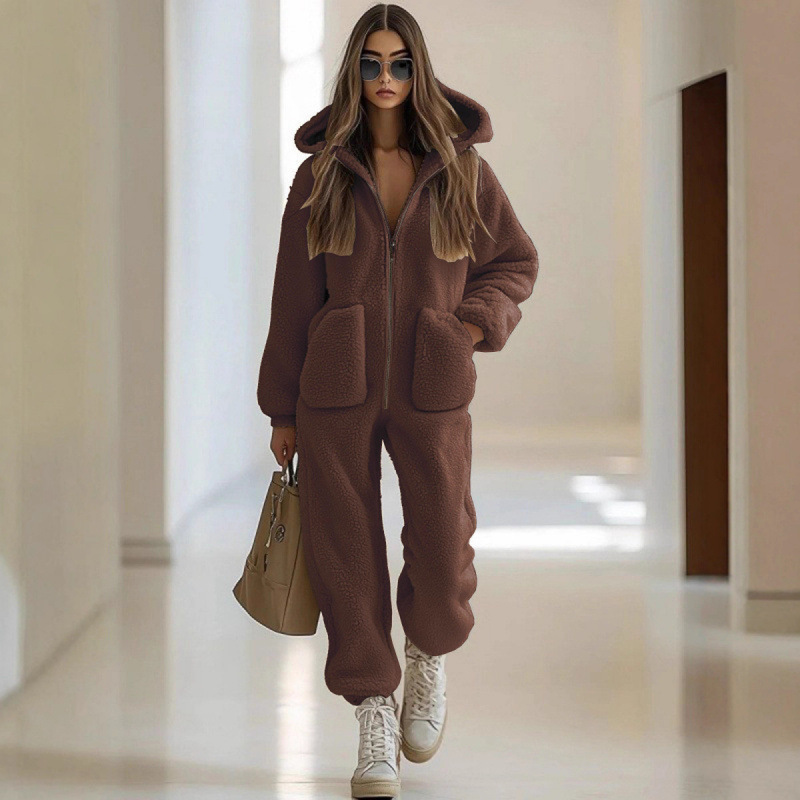 Women's Warm Zip-Up Hooded Jumpsuit with Pockets