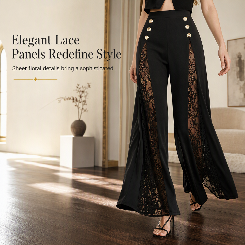Women's High Waisted Lace Spliced Wide Leg Trousers with Decorative Gold Buttons