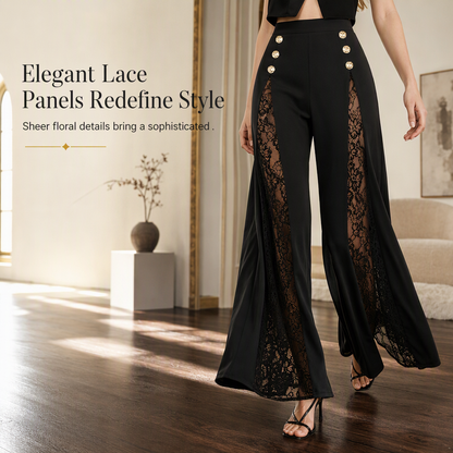 Women's High Waisted Lace Spliced Wide Leg Trousers with Decorative Gold Buttons