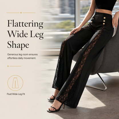 Women's High Waisted Lace Spliced Wide Leg Trousers with Decorative Gold Buttons