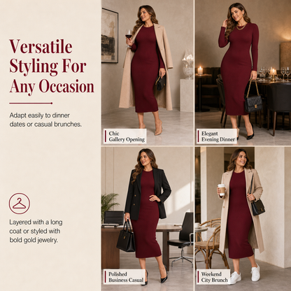 Women's Long Sleeve Rib Knit Crewneck Bodycon Maxi Dress