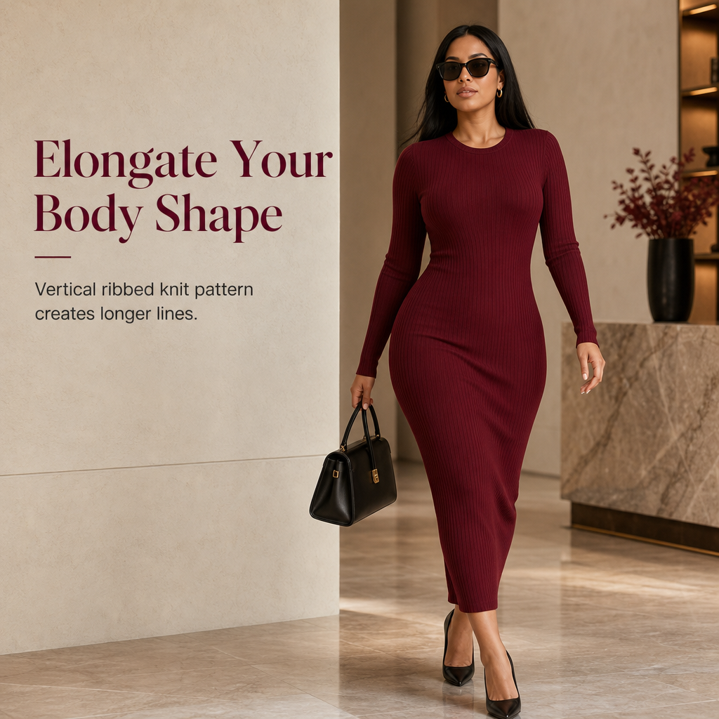Women's Long Sleeve Rib Knit Crewneck Bodycon Maxi Dress