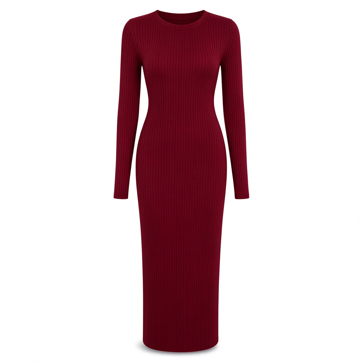 Women's Long Sleeve Rib Knit Crewneck Bodycon Maxi Dress