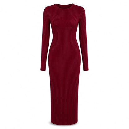 Women's Long Sleeve Rib Knit Crewneck Bodycon Maxi Dress