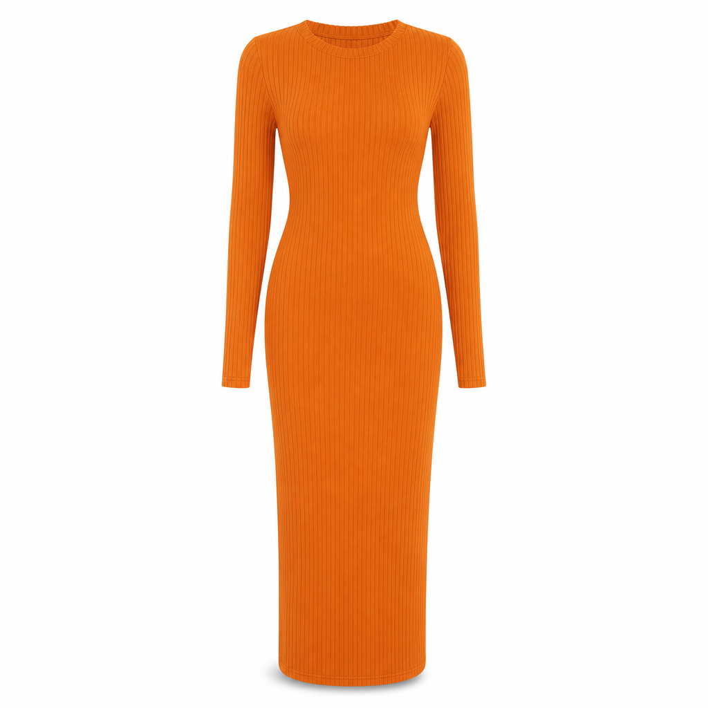 Women's Long Sleeve Rib Knit Crewneck Bodycon Maxi Dress
