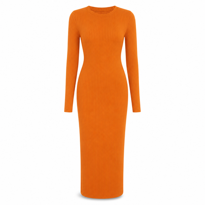 Women's Long Sleeve Rib Knit Crewneck Bodycon Maxi Dress