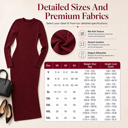 Women's Long Sleeve Rib Knit Crewneck Bodycon Maxi Dress