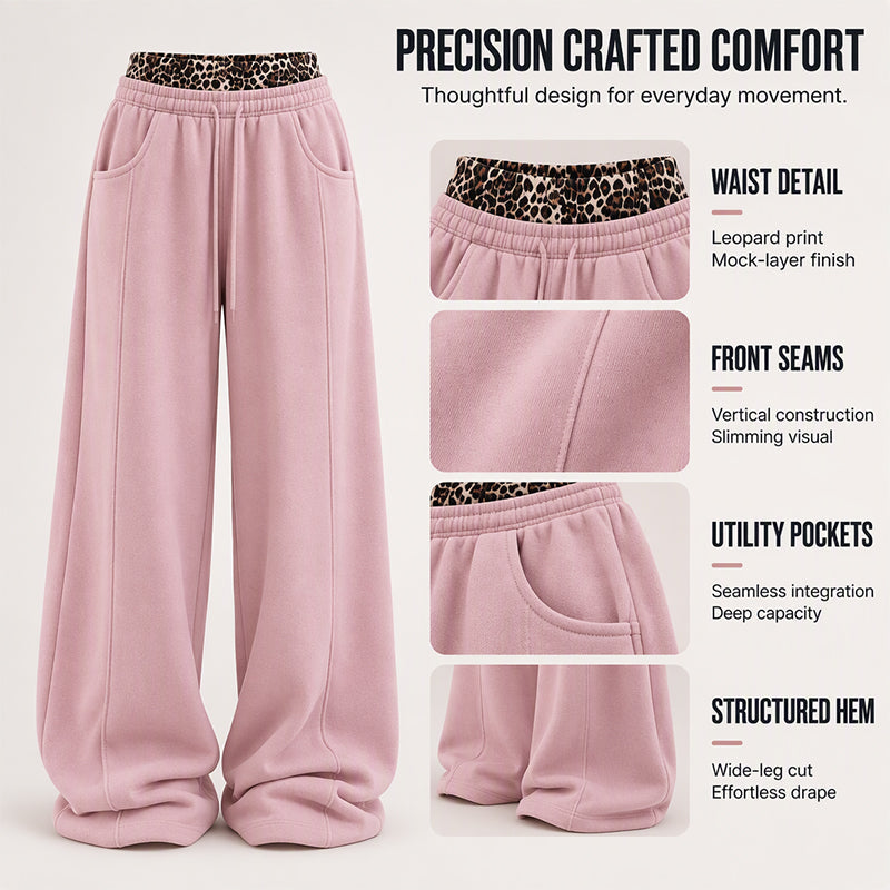 🐆Women’s Contrast Leopard Waistband Wide Leg Sweatpants, Soft Casual Patchwork Trousers👖
