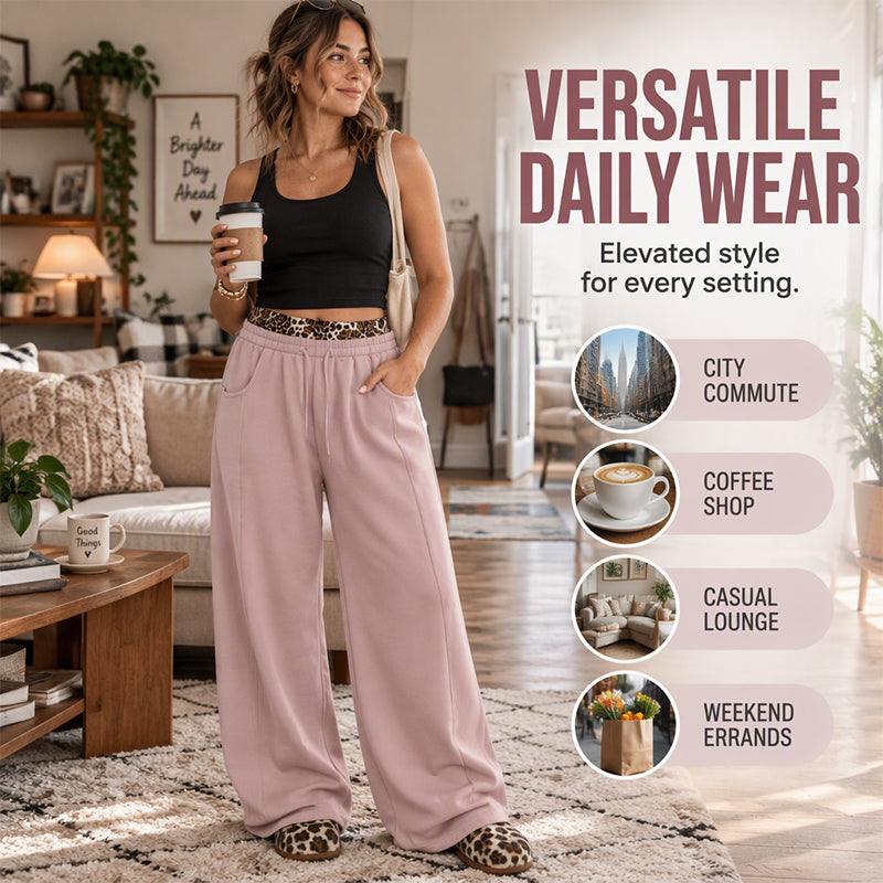 🐆Women’s Contrast Leopard Waistband Wide Leg Sweatpants, Soft Casual Patchwork Trousers👖