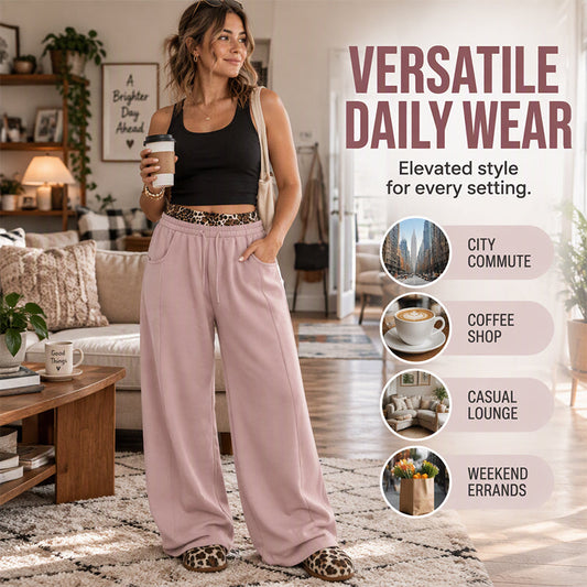 🐆Women’s Contrast Leopard Waistband Wide Leg Sweatpants, Soft Casual Patchwork Trousers👖