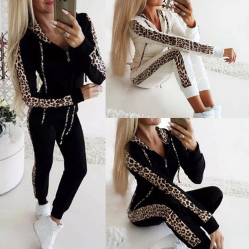 ✨Women's Leopard Print Long Sleeve Zipper Sweatshirt and Pants Set